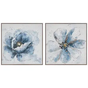 Pure Hand-painted Light Luxury Canvas Textured Blue Flower Gold Foil Painting With Floater Frame