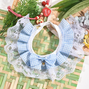 Plaid Lace Trimmed Cat Bib Dog <b>Collar</b> With Pearl Pendant Decorative <b>Pet</b> Accessory All Seasons - Product Image 1