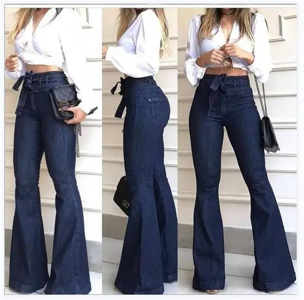 ladies High rise hip lift womens high waist wide leg raw denim trousers women pants baggy women's flared jeans