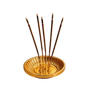 Porte-encens en laiton pour Pooja, support pour bâtonnets d'encens avec récupérateur de cendres, rond décoratif doré de 4 pouces, base en bois pour la décoration intérieure - Product Image 1