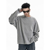 Camiseta de manga larga para hombre, estilo streetwear, vintage, lavada, de punto gofrado, de doble capa, personalizada