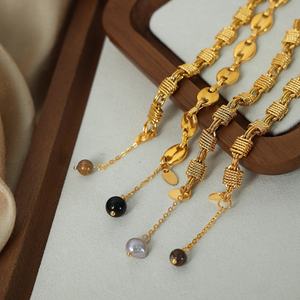 Pulsera de Acero Inoxidable de Titanio para Uso Diario, Estilo Frío, con Nudos, Diseño de Nariz de Cerdo, Cadena de Perlas de Agua Dulce y Cuentas de Ágata - Product Image 2