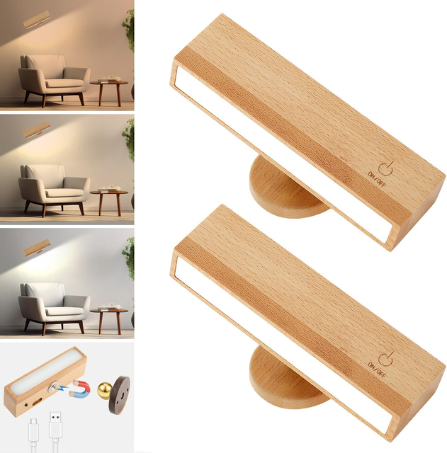 2000mAh Battery Operated Wall Sconce Rechargeable Touch Control LED Wall Lamp Wireless Bedside Light with Wood Base for Bedroom