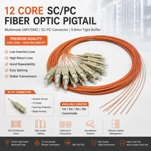 Câble à fibres optiques multimode SC de bonne qualité, 12 cœurs, SC UPC OM2, gaine LSZH 0,9 mm, 1,5 mètre, pigtail en fibre 50/125μm - Product Image 1