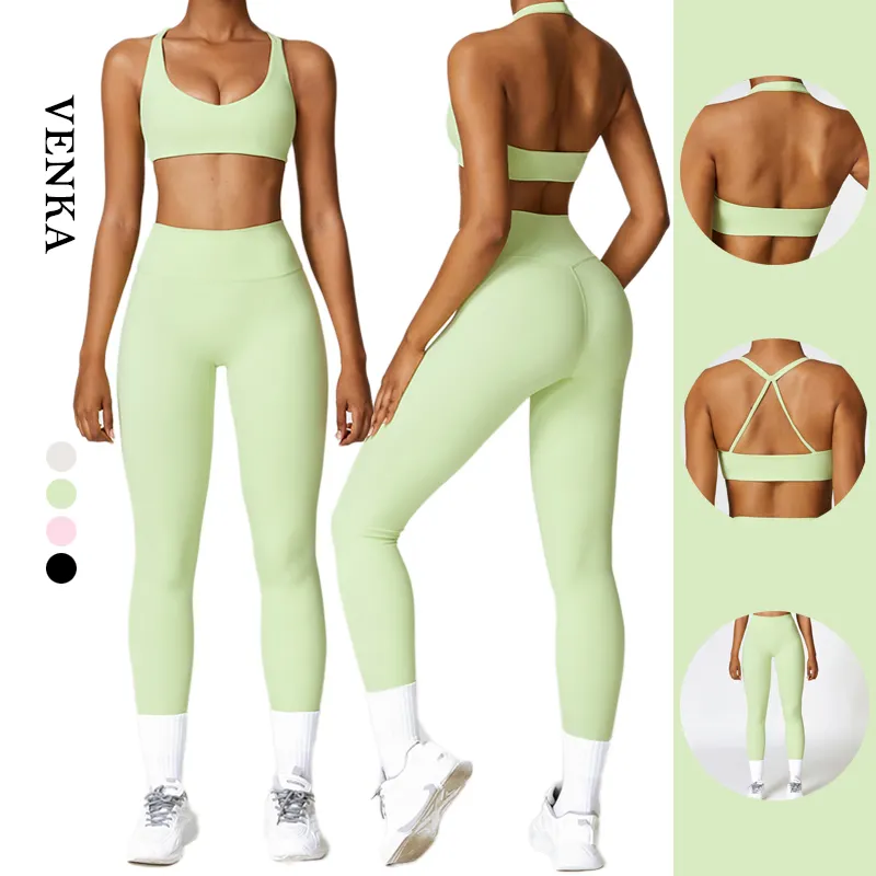 Frauen Sport Set Nahtlose Butt Gym Sport Fitness High Waist Butt Lift Hosen gekreuzt U-Ausschnitt High Impact BH 2 Stück Yoga Set