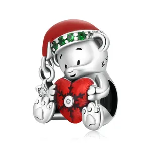 Smalto Designer Lucky Charm Christmas Bear Charm Spacer Bead per gioielli che fanno 925 Sterling Silver Cute Animal Charm