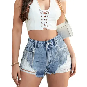 Verão 2023 Cintura Alta Denim Shorts Azul Strass Borla Jeans Shorts das Mulheres Moda Vintage Rasgado Short Jeans Feminino