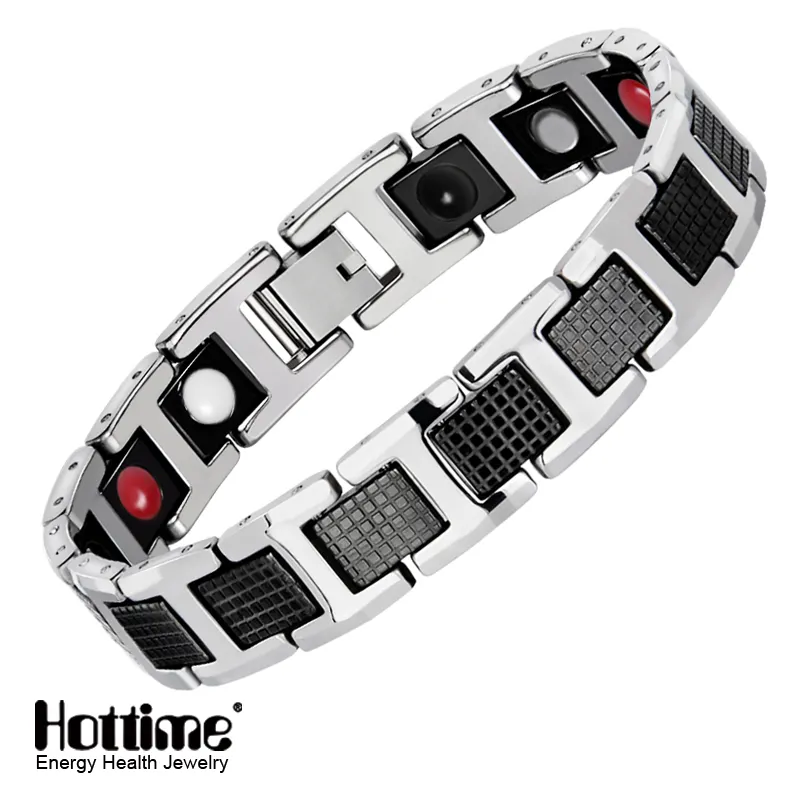 MagEnergy Wholesale Stainless Steel Silver and Black Magnetic Bracelet for Arthritis Yoga Bracelets with 4 in 1 Health Elements