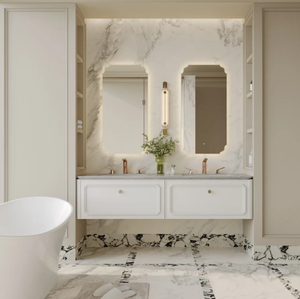 Mueble de Baño Moderno <span class=keywords><strong>con</strong></span> Lavabo Doble, Espejo de Cuerpo Entero <span class=keywords><strong>con</strong></span> Detalles en <span class=keywords><strong>Dorado</strong></span> e Iluminación LED Integrada - Product Image 5