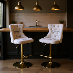 Sillas de Bar Modernas de Terciopelo DB A&A Furniture, Giratorias Doradas, Altura Ajustable de 25-33 Pulgadas, Estilo Rústico - Product Image 2