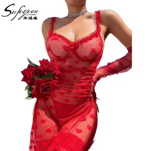 B033 Red Sexy <strong>Nightdress</strong> See Through Long Skirt Two-piece Set Slit <strong>Maxi</strong> Skirt Solid Pajamas Heart Lace Lingerie Sets - Product Image 2