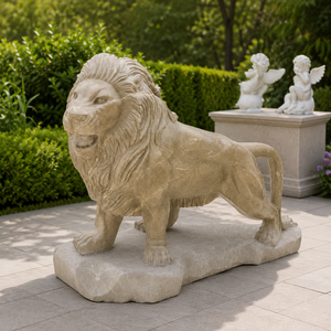 Statua di Leone Guardiano in Arenaria Beige Personalizzata, Scultura in Marmo per Decorazione Ingresso Cancello - Product Image 2