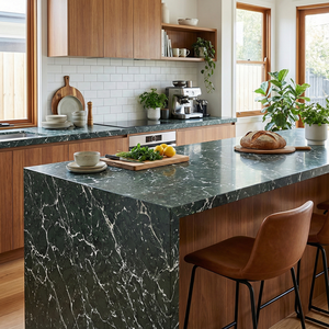 Encimera de Cuarzo de Ingeniería con Vetas Blancas y Verde Esmeralda Personalizada para Recepción de Hotel Moderno, Encimera de Cocina - Product Image 5