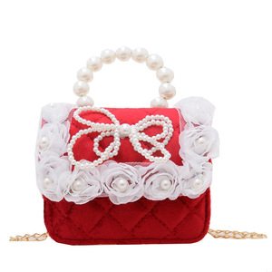 儿童公主包红色小方化妆包女孩链条肩斜挎吊带包珍珠钱包女孩新年礼物 - Product Image 1