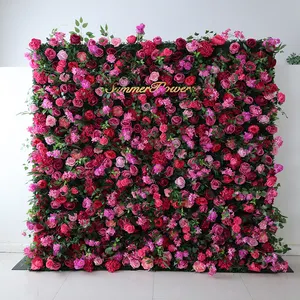 2023 Best Selling Hot Pink Rolling Up Fabric Cloth Curtain Wall Wedding 5d Flower Wall Backdrop