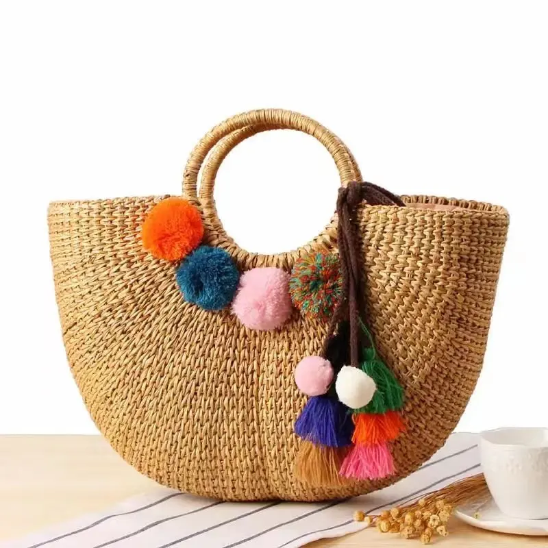 Bolsa de palha vintage para mulheres, sacola feminina casual de grande capacidade na praia com alça de madeira