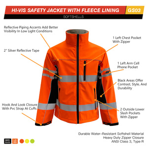 Glory Ansi Class 3 Oem Winter <strong>High</strong> <strong>Visibility</strong> Reflective <strong>Softshell</strong> Safety <strong>Jacket</strong> with Heavy Duty Zipper Closure - Product Image 2