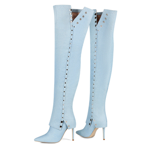 Botas Altas de Mujer Talla Grande 47, Botines Largos de Mezclilla con Tacón Delgado, Botas Sexys con Botones Metálicos, Zapatos de Tacón de Aguja de Ajuste Ancho - Product Image 1