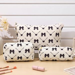 Xuniea da donna 3 pezzi borsa per il trucco in velluto a coste Coquette con fiocco astuccio cosmetico Preppy astuccio grande portatile per articoli da toeletta trasparente - Product Image 5