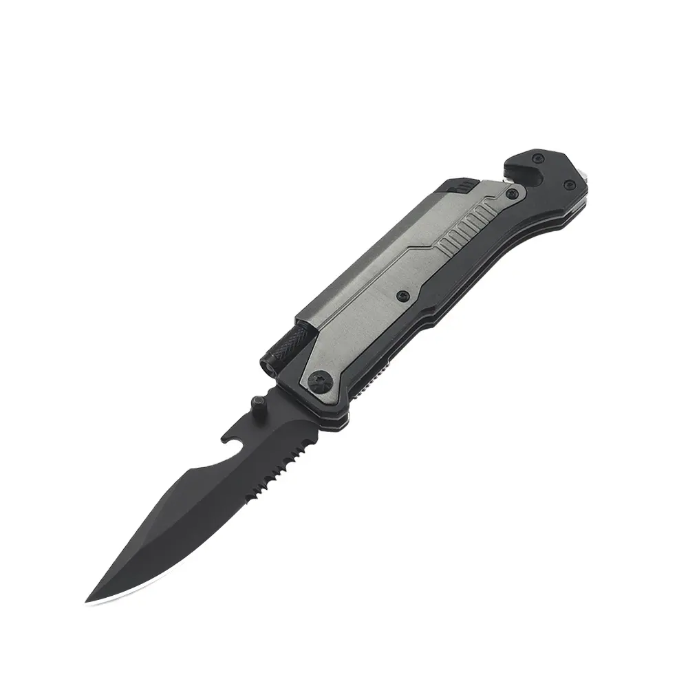 new 2023 Gun Shaped Handle Sharp Serrated Blade Knife Camping Knife with Pocket Clip  Mini Led Flashlight Bottle Opener
