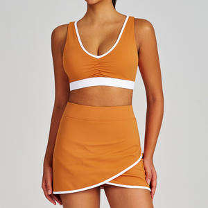 Gaun olahraga seksi kerah v dalam berkerut, rok tenis tahan guncangan dan cepat kering Set 2 potong rok tenis lari kebugaran santai - Product Image 1