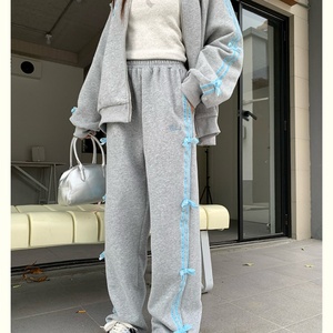 Viviblook Z0107ST01 nuevo 2025 Casual nueva pajarita chaqueta con capucha Pantalones rectos chándal traje 2 piezas pantalones conjunto para mujer - Product Image 4