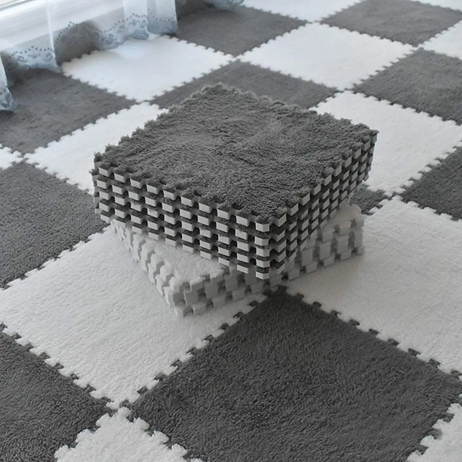 Tikar lantai saling mengunci ubin Eva Puzzle, karpet berbulu bisa dicuci, karpet mainan bayi