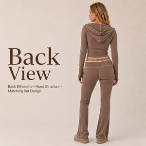 Ensemble deux pièces décontracté vintage Y2K pour filles, avec sweat à capuche zippé côtelé marron moka à bordure en dentelle et pantalon évasé, coupe ajustée, personnalisable, vente en gros - Product Image 2