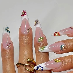 <span class=keywords><strong>Uñas</strong></span> Postizas Acrílicas con Decoración de Perlas y Diamantes de Imitación Estilo Francés, Diseño Simple de Almendra, para Regalo - Product Image 5