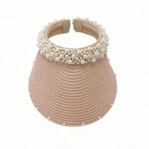 Sombrero de Paja para Mujer, Hecho a Mano, con Perlas, Plegable, Protección Solar, para la Playa - Product Image 1