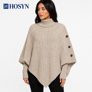 Suéter tipo poncho de punto trenzado para mujer, cuello alto, con <span class=keywords><strong>botones</strong></span> <span class=keywords><strong>laterales</strong></span> decorativos, dobladillo asimétrico, holgado, para invierno - Product Image 1