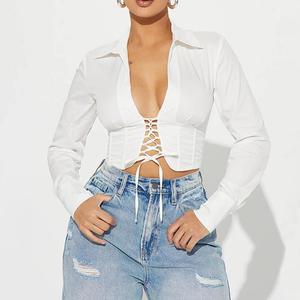 Top Corto de Verano para Mujer, Sexy y Sencillo, Blanco, de Manga Larga, con Cordones y Escote Profundo en V, a la Moda - Product Image 2