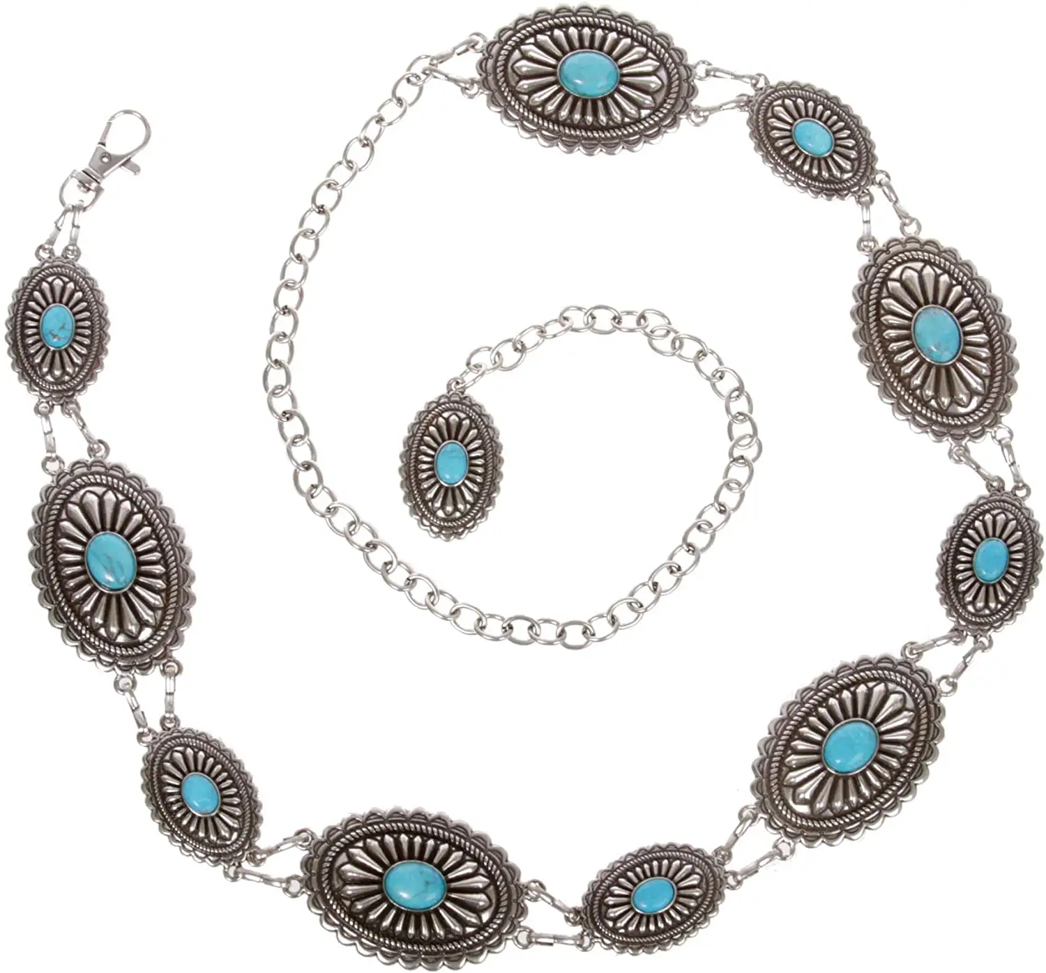 Women's Western Oval Turquoise Stone Concho Chain Belt Retro Lady Jewelry