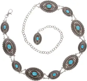 Cinturón de cadena de Concho de piedra turquesa ovalada occidental para mujer, joyería Retro para mujer