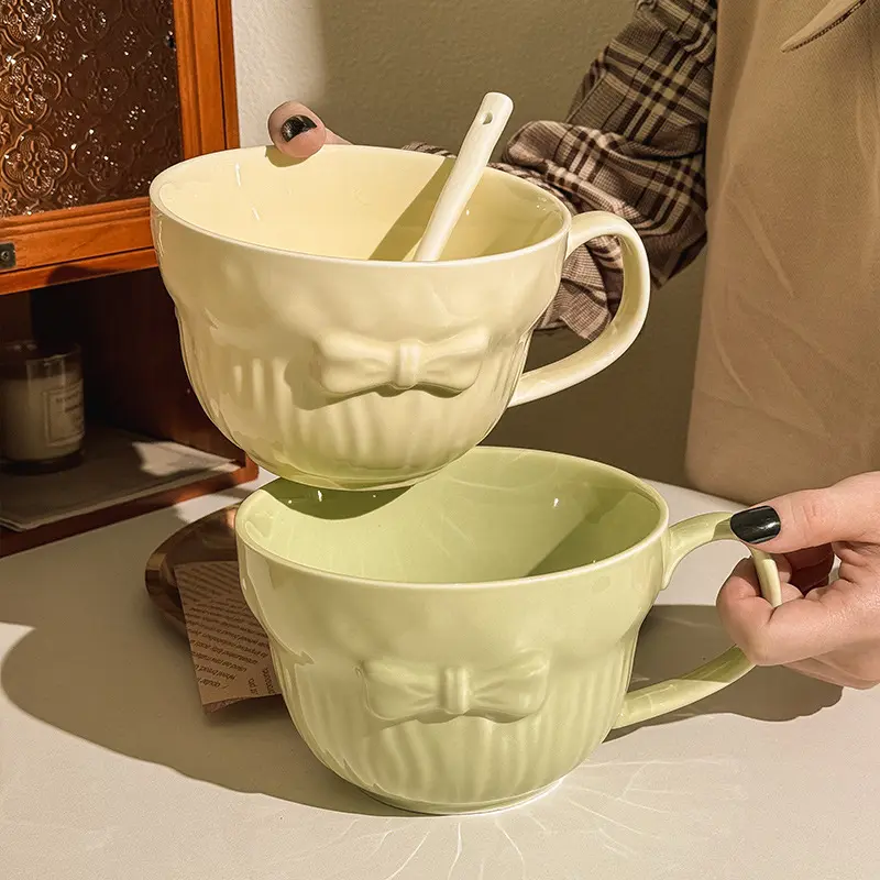 Korean Ins style bow large capacity mug Simple striped bowl with handle