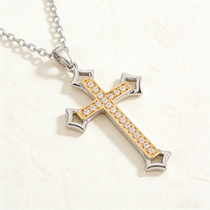 CUSTOM SILVER 10K/14K/18K GOLD PLATED LAB GROWN CVD DIAMOND CLASSIC ENGAGEMENT GIFT SWEATER <b>CHAIN</b> NECKLACE <b>CROSS</b> PENDANT VS - Product Image 2