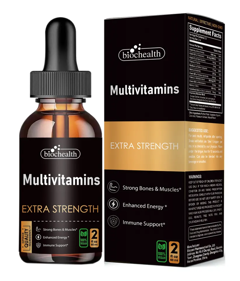 Biocaro OEM Multivitamínico Líquido Gotas com biotina vitamina D3 vitamina B12 Suplemento para Adultos e Crianças Multivitamínico Gotas