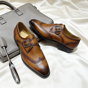Classic British Style <strong>Men's</strong> <strong>Tan</strong> Single Monk Strap Shoes Wingtip <strong>Brogue</strong> Genuine Leather Dress Shoes Design OEM/ODM Available - Product Image 1