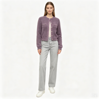 Gaby – Cardigan en tricot pointelle marron de haute qualité pour femme, personnalisé OEM, couleur blanche, manches longues, boutons en corne