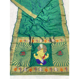 Sari de Seda Paithani Tejido con Zari Verde de Elite Weaves, con Diseño del Dios Ganpati - Product Image 6