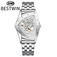 Montre automatique de haute qualité avec boîtier et bracelet en acier inoxydable, montre mécanique squelette de luxe pour homme, sport et affaires