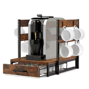 Wood And Iron Coffee Storage <b>Rack</b> 3 Tier With Drawer Cup Hanger Desktop Organizer Retro Brown Standing Type - Product Image 5
