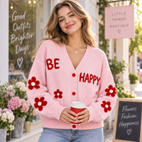 Cardigan personnalisé pour femme, motif floral et lettres, col en V, boutonné, manches longues, tricoté, surdimensionné, OEM ODM