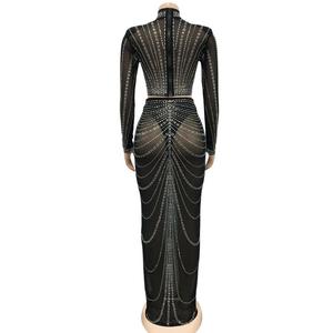 Ensemble deux pièces Lang Jun : Robe longue moulante sexy en maille noire avec estampage à chaud et effet diamant pour spectacles en boîte de nuit et bars - Product Image 6