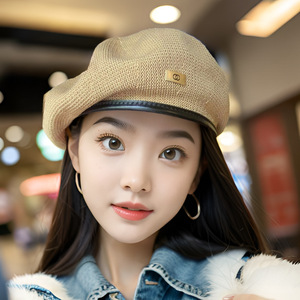 Japanese Style Pu Brim Beret For Women Vintage Round Shade Hat Beige Khaki Black Comfortable Summer <b>Painter</b> Hat - Product Image 3