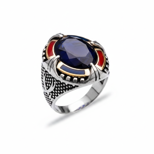 Sapphire Red Design Oval Cut Gemstone Ottoman Design Authentic <b>Men</b> <b>Ring</b> Turkish Wholesale Handmade 925 Sterling <b>Silver</b> <b>for</b> <b>Men</b> - Product Image 2