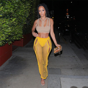 Nouvelle Arrivée 2026 – Jupes Longues en Maille Jaune Taille <span class=keywords><strong>Haute</strong></span> Fendues et Creuses, Style Sexy et Élégant pour Femme OuYaan - Product Image 1