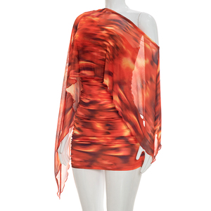 Viviblook Q26DS032 Women Summer <b>Dress</b> Sexy Fashionable Print Asymmetrical One Shoulder Pleated Mini Bodycon <b>Dress</b> - Product Image 3