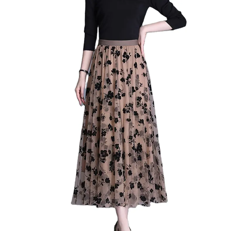 Jupe plissée en maille pour femmes, tenue ample, taille haute élastique, en Tulle, avec imprimé floral, nouvelle collection