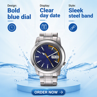 Montre automatique pour hommes, collection 5-7S, analogique, bleu contrasté, calendrier, aiguilles lumineuses, boîtier en acier inoxydable, mouvement automatique mécanique